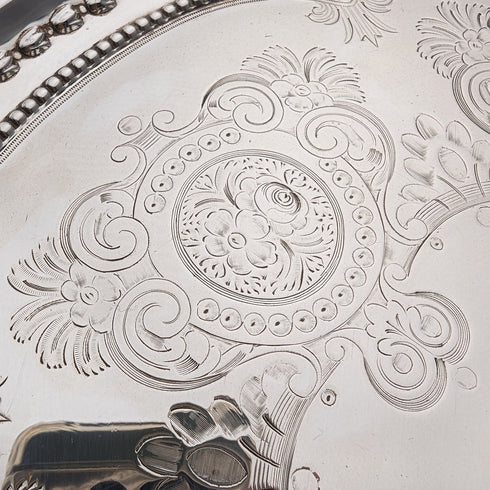1903年 英国アンティーク 純銀製サルヴァ トレイ 直径32cm 824g GOLDSMITHS & SILVERSMITHS